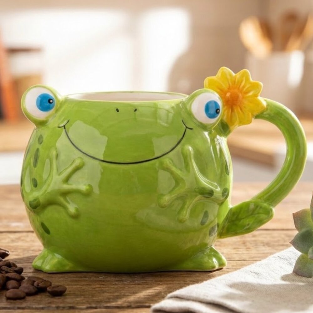 PIER 1 One Imports Freddy The Frog Coffee Cup Mug Planter Ceramic Sunflower Cute